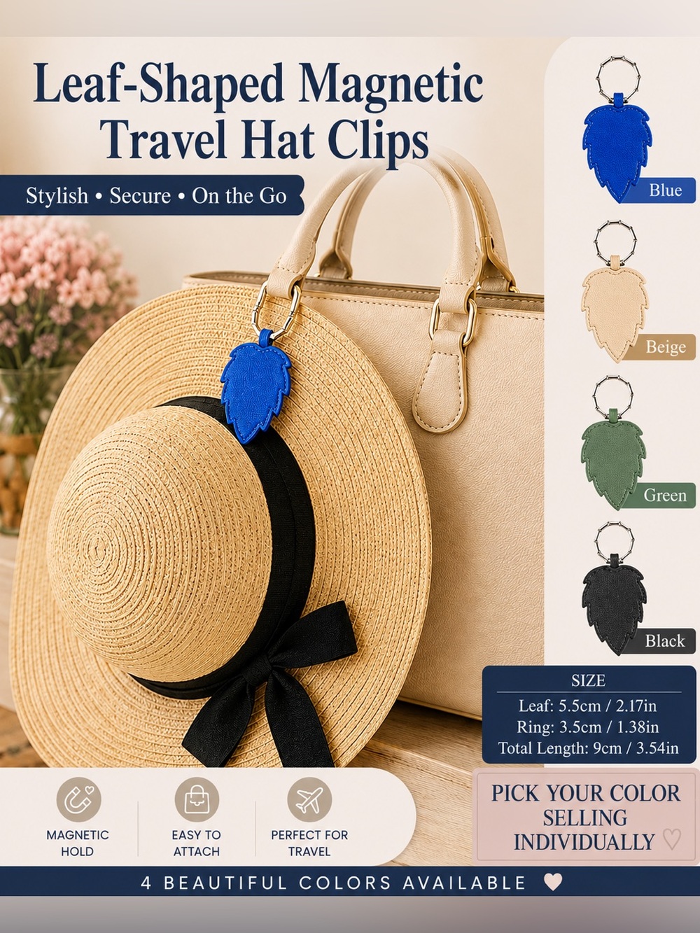 Leaf-Shaped Magnetic Travel Hat or Scarf Clip — PICK YOUR COLOR